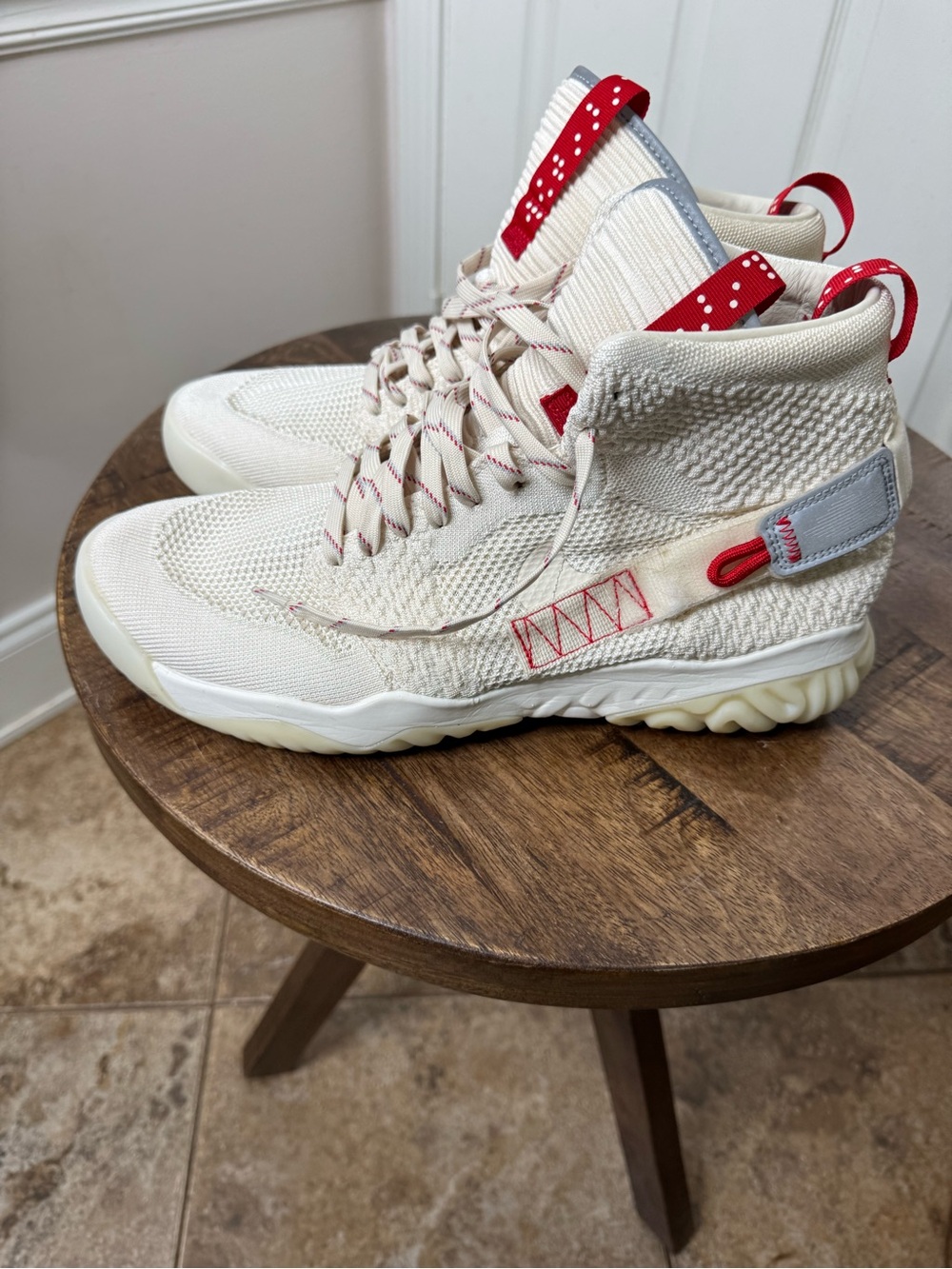Jordan Cream Knit High-Top Sneakers with Red Details